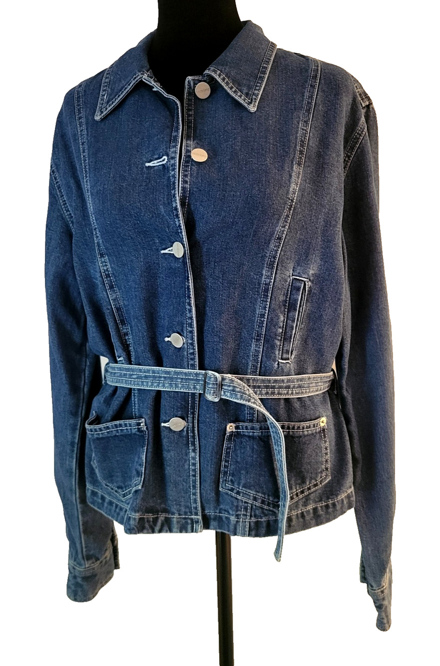 Karen Kane Lifestyle Jean Jacket Belted Denim Breast Pockets Buttons Small Biker